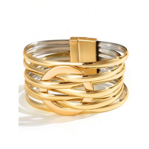 Gold Geometric Chic Cuff Bracelet w/ Gold Circle Accent & Magnetic Closure - Picture 3 of 3